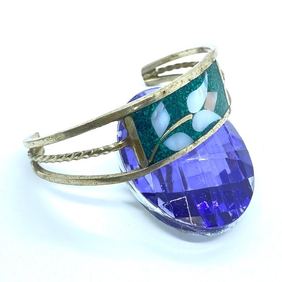 Vintage Alpaca Mexico Mother-of-Pearl Floral Inlay Cuff Bracelet - Picture 7 of 11